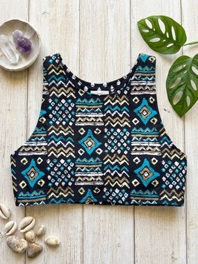 VOLCOM Aztec Print Athletic Swim Top - High Neck Racerback Bikini Top Reversible